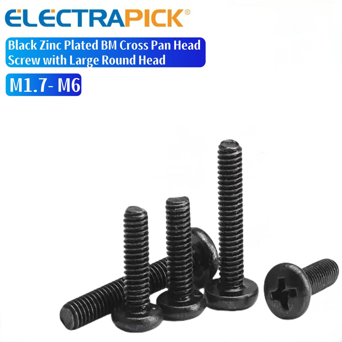 ELECTRAPICK Black Zinc Plated BM Cross Pan Head Screw with Large Round Head