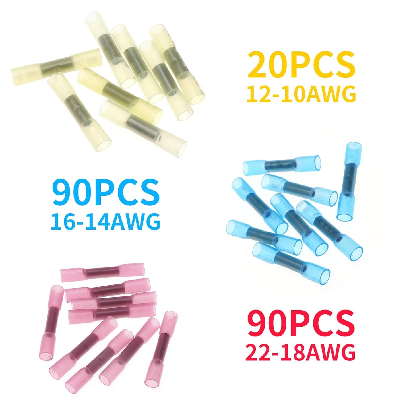 Heat Shrink Wire Connector Butt Terminals Kit, 200PCS Crimp Connectors Waterproof Insulated Electrical Terminals Marine Automotive Cable Electrapick (3 Colors / 3 Sizes)