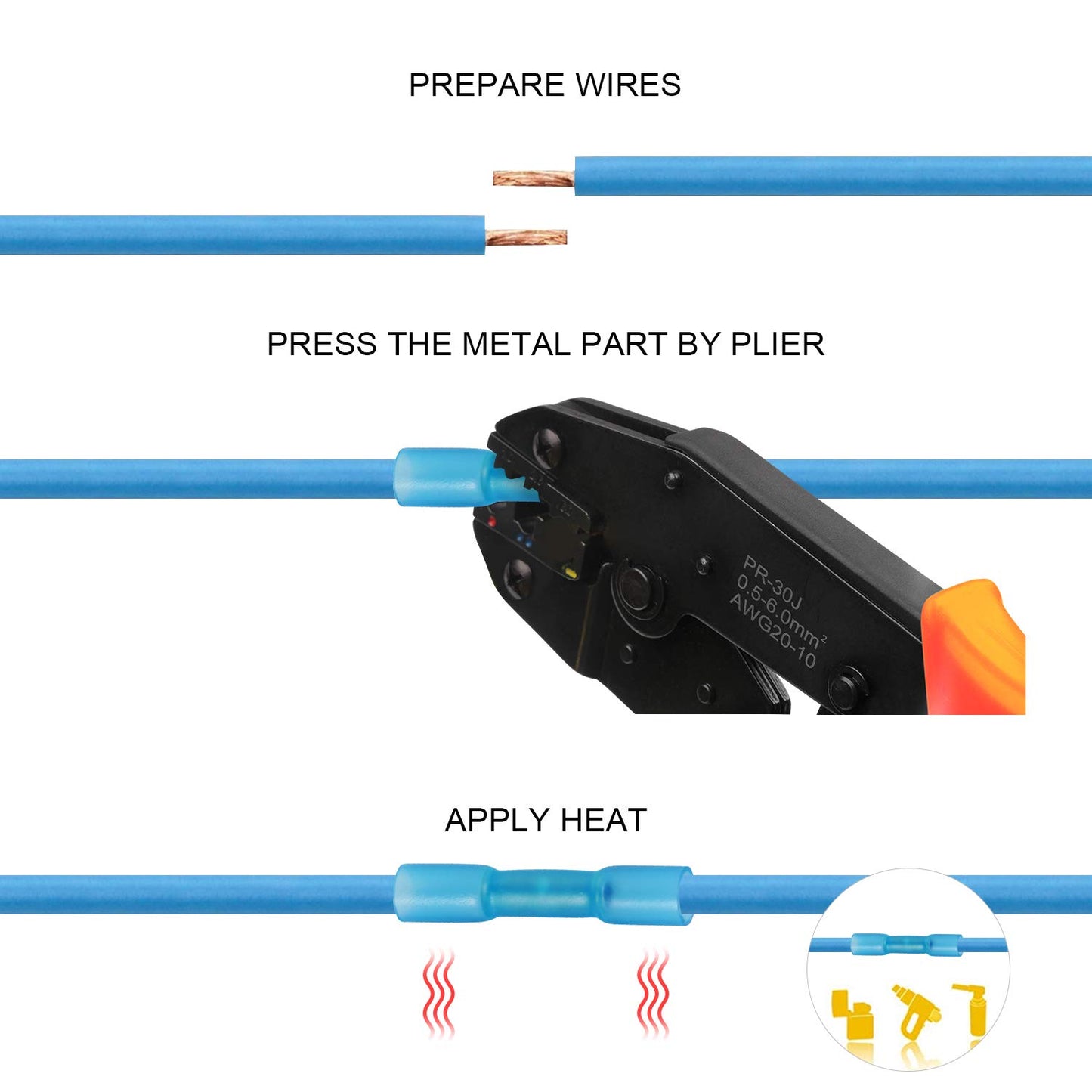 Heat Shrink Wire Connector Butt Terminals Kit, 200PCS Crimp Connectors Waterproof Insulated Electrical Terminals Marine Automotive Cable Electrapick (3 Colors / 3 Sizes)
