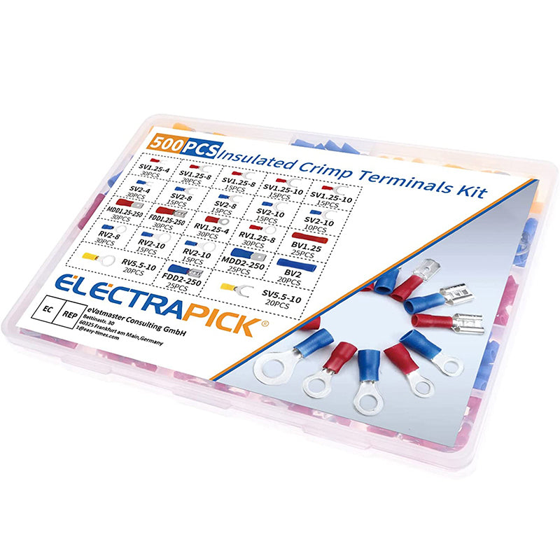 ELECTRAPICK 500pcs Insulated Crimp Terminal Spade Terminal Assorted Electrical Wire Cable Connector Ring Fork Butt Ring Lugs
