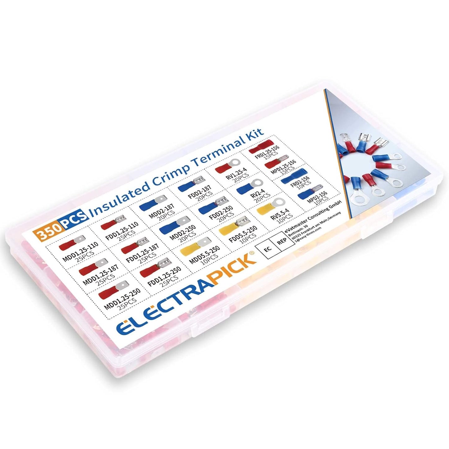 ELECTRAPICK 350Pcs Crimp Connectors, Electrical Connectors Insulated Crimp Ring/Male/Female/Bullet Butt Splice Terminal Connectors 0.5-1.5/1.5-2.5/4-6mm² Wire Terminal Connectors Assortment Kit