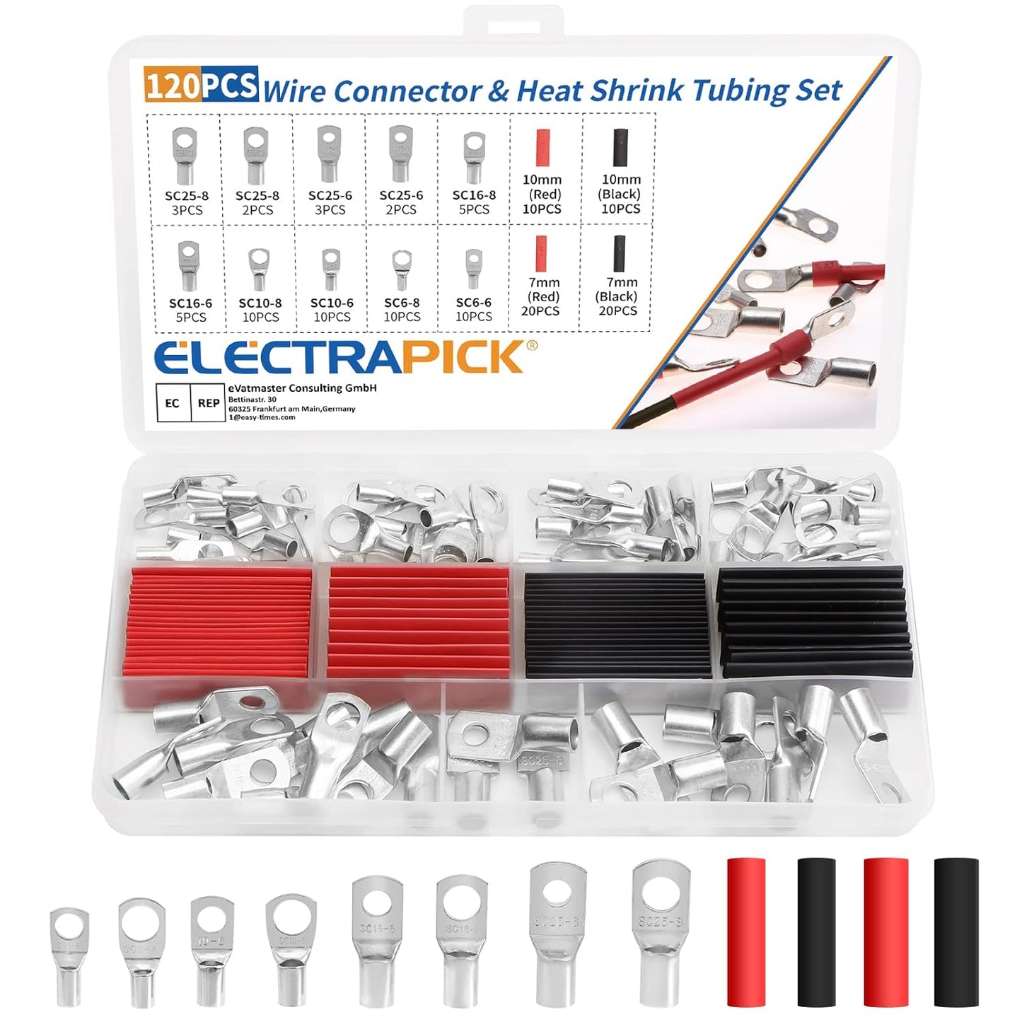 electrapick 60PCS Bolt Hole Tinned Copper Terminals Set-Wire terminals Connector Cable lugs Ring Battery SC Terminals Set Marine Grade Cold-Pressed Crimp Type (Silver, 60 Pcs)