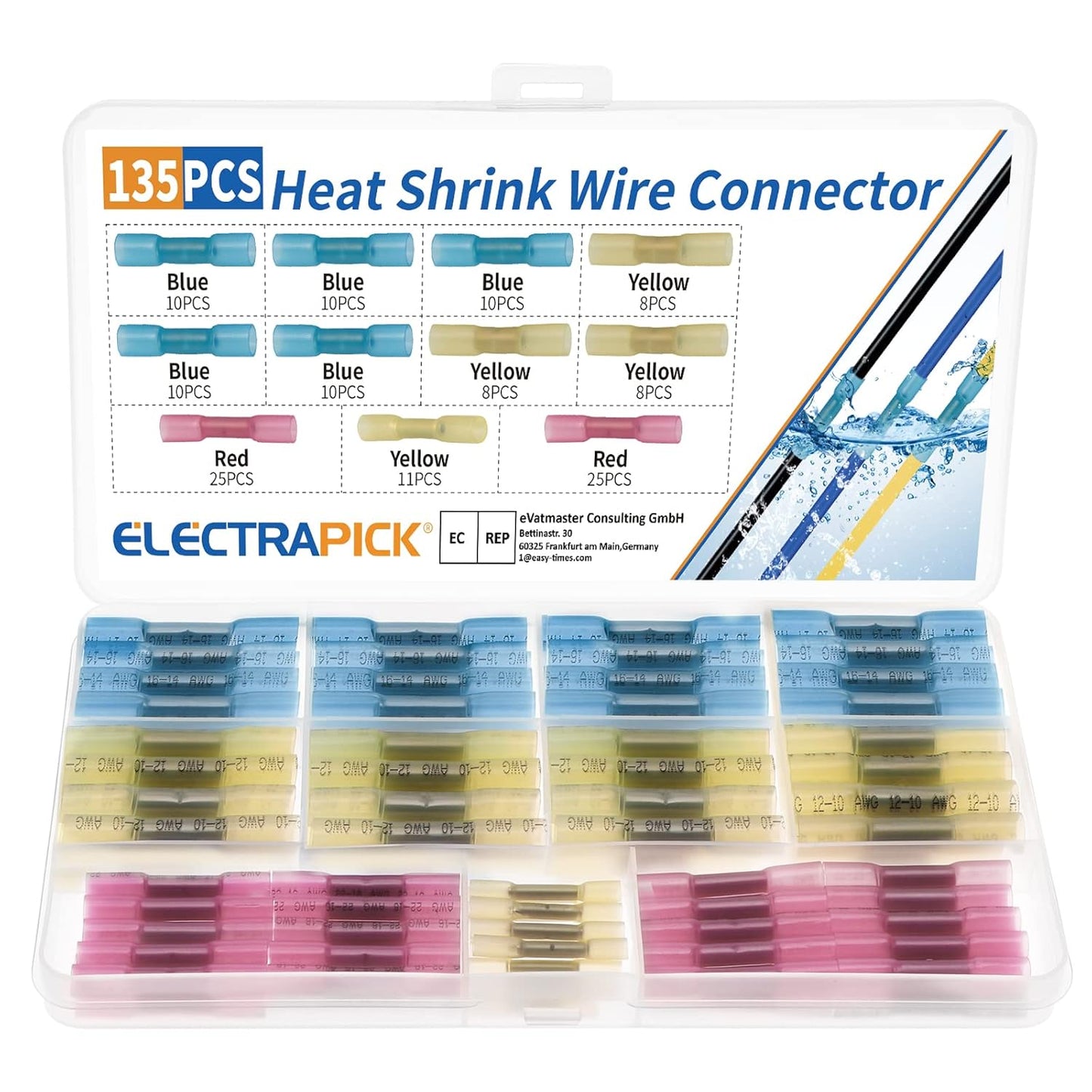 Heat Shrink Wire Connector Butt Terminals Kit, 200PCS Crimp Connectors Waterproof Insulated Electrical Terminals Marine Automotive Cable Electrapick (3 Colors / 3 Sizes)
