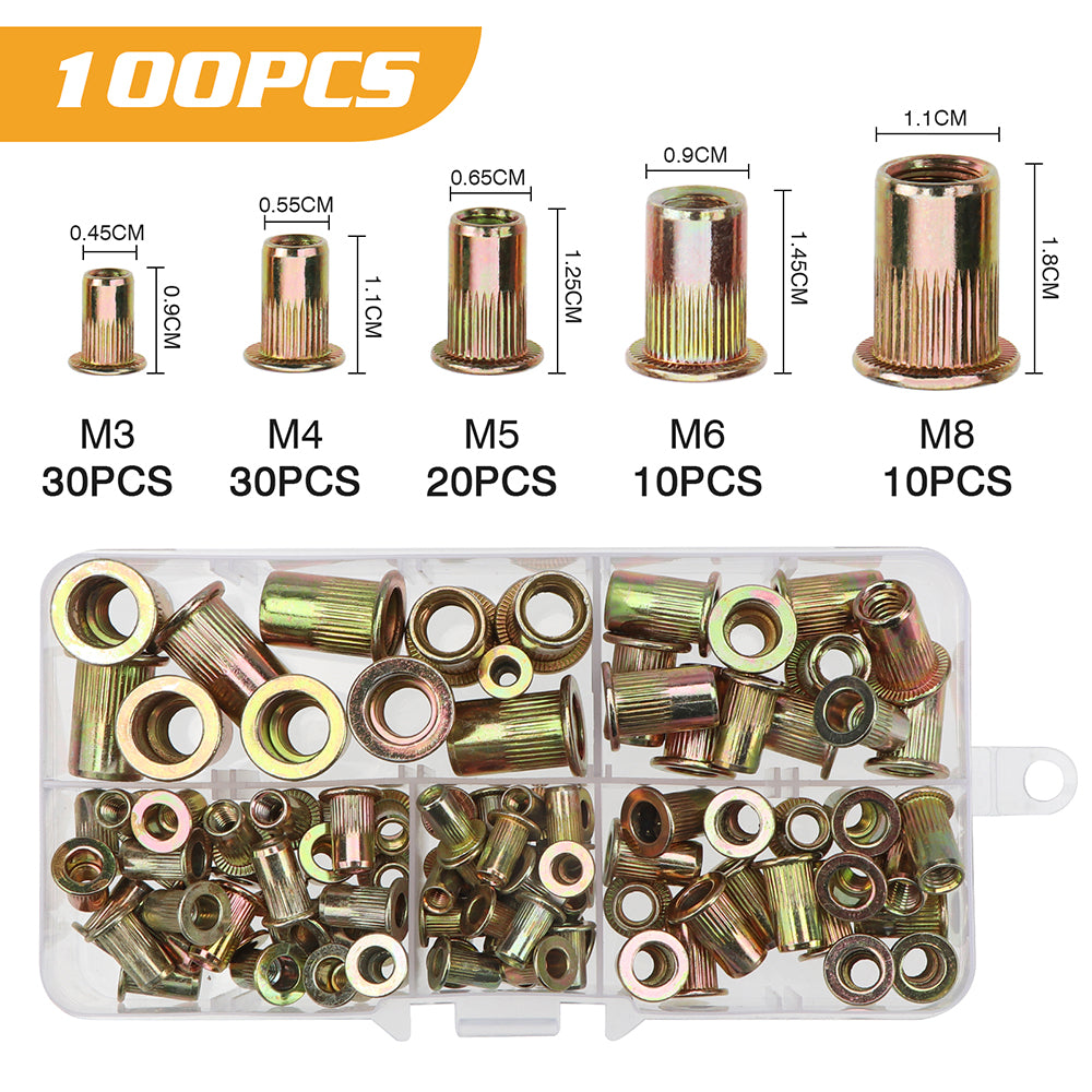 ELECTRAPICK 100pcs Carbon Steel Rivet Nuts M3 M4 M5 M6 M8 Flat Head Rivet Nuts Set Nuts Insert Nutsert Cap