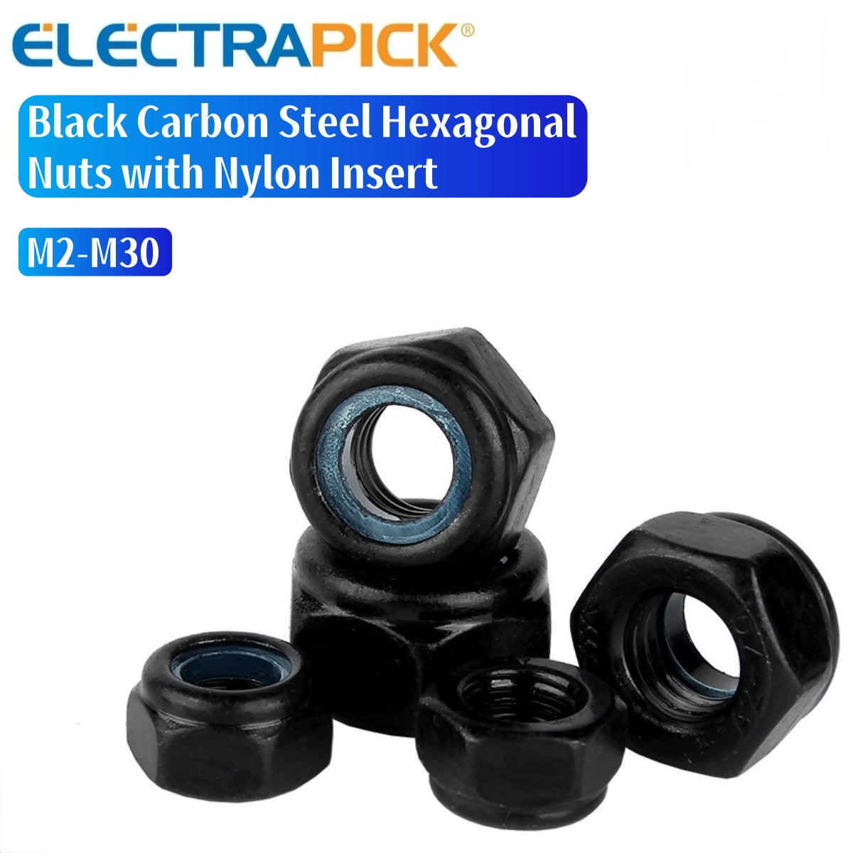 ELECTRAPICK Black Carbon Steel Hexagonal Nuts with Nylon Insert