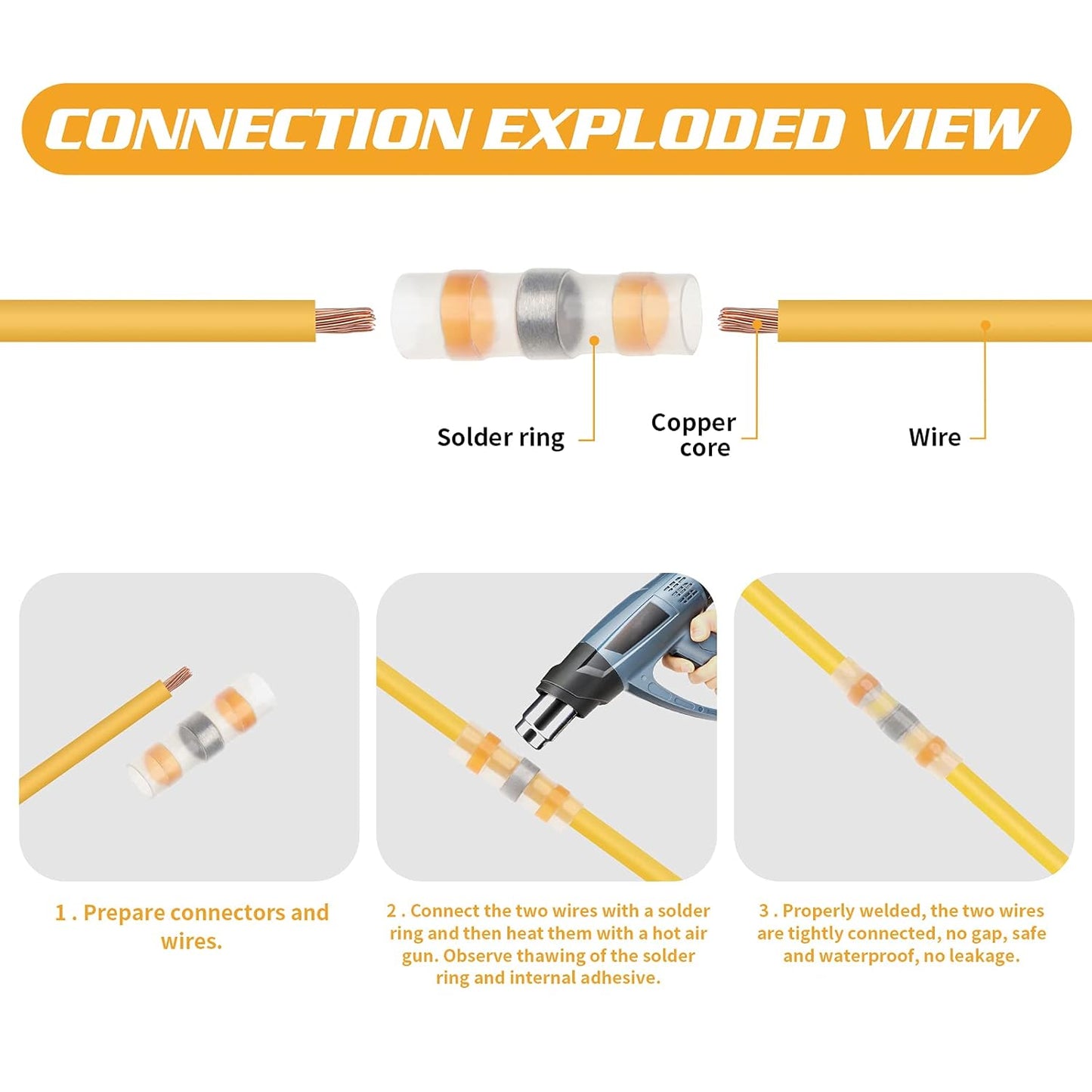 40PCS Wire Waterproof Electrical Connectors, Heat Shrink Solder Seal Butt Splice Cable Connector Kit AWG 8 Orange