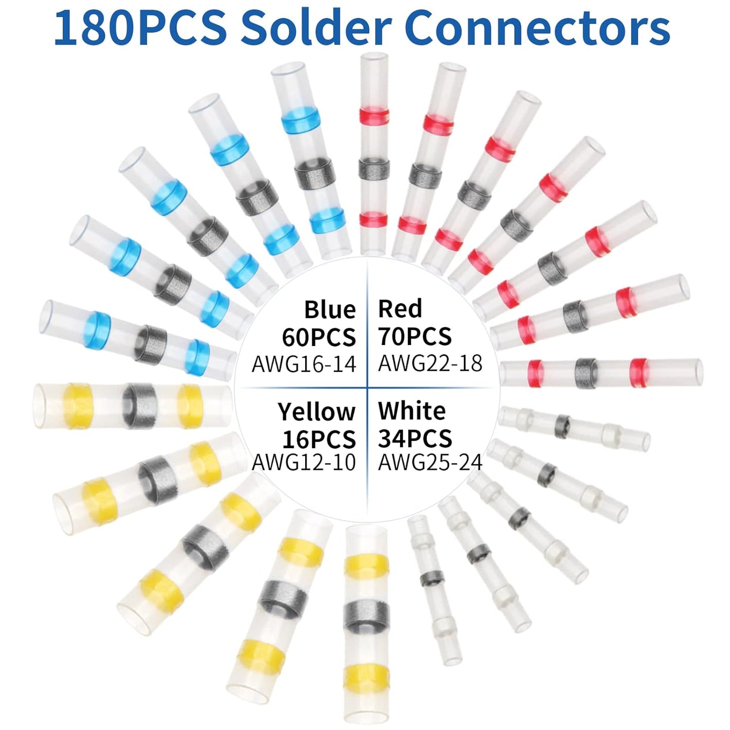 electrapick Solder Seal Wire Connectors, 180 PCS Waterproof Heat Shrink Butt Connectors, Electrical Wire Terminals, Marine Insulated Butt Splices