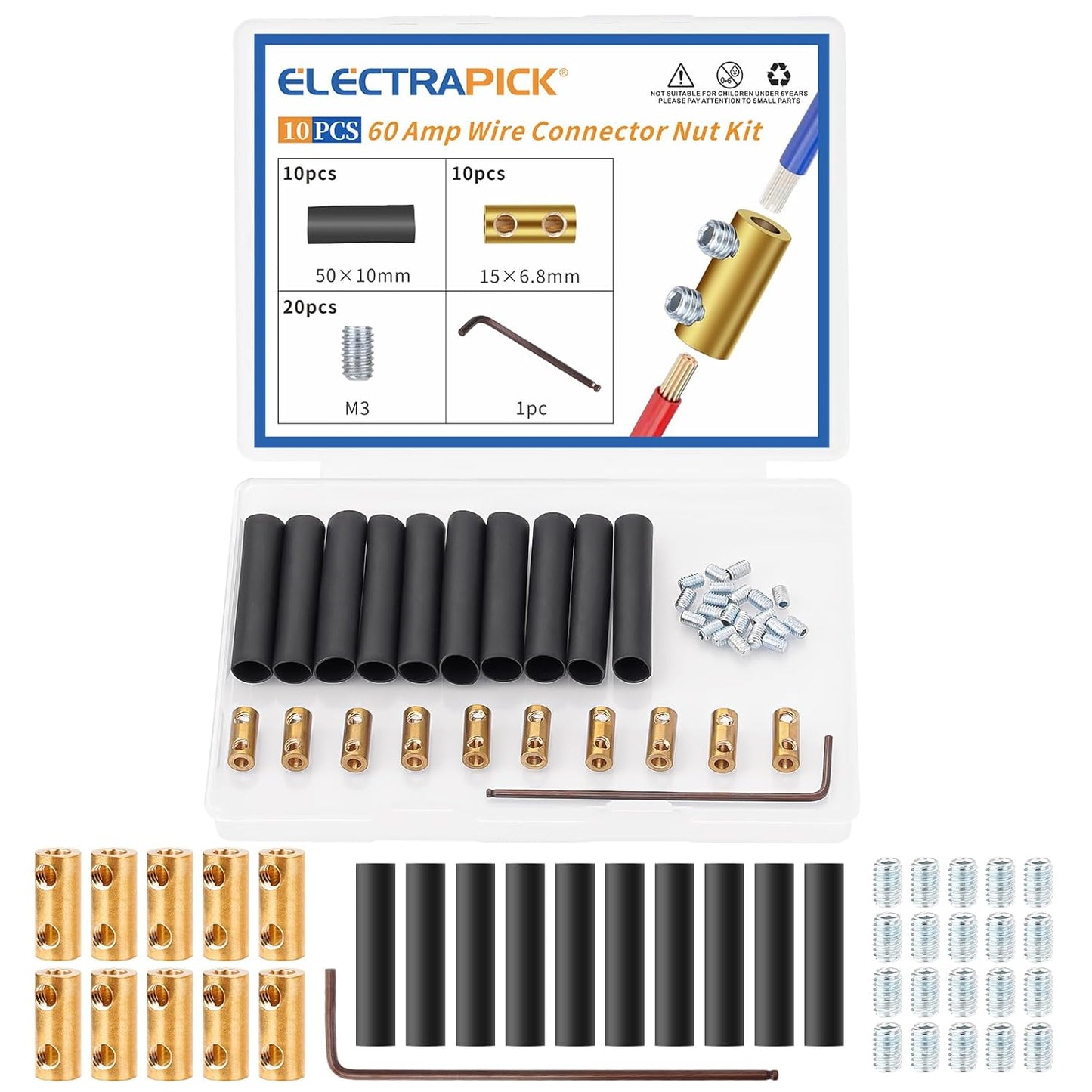 ELECTRAPICK 10Pcs 10 Gauge Wire Connectors Nut,60 Amp Splicing Quick Wiring Connection Terminal,Circuit Connector Wire Connector with 20Pcs Screws & 10Pcs Heat Shrink Tube