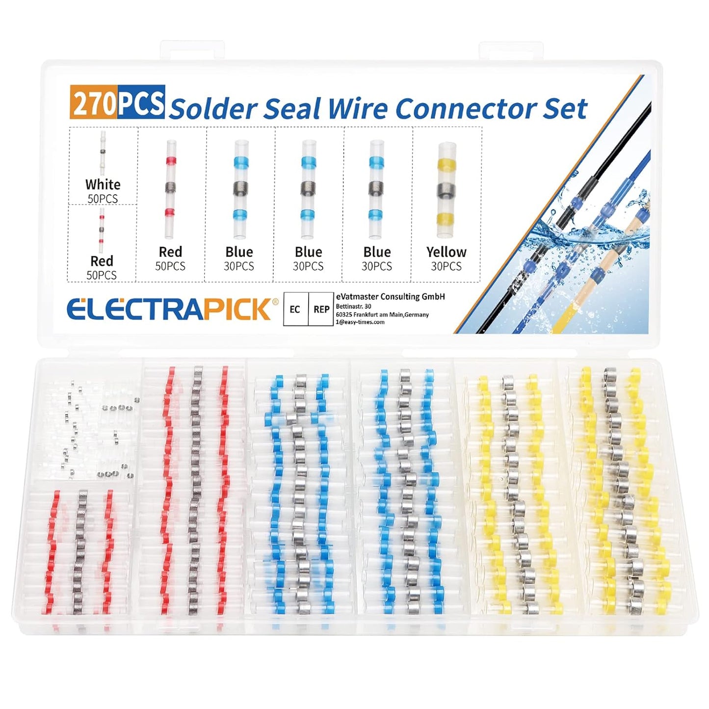 electrapick Solder Seal Wire Connectors, 180 PCS Waterproof Heat Shrink Butt Connectors, Electrical Wire Terminals, Marine Insulated Butt Splices