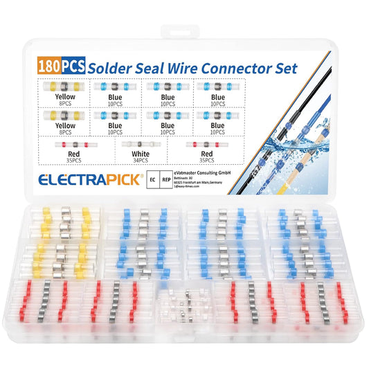 electrapick Solder Seal Wire Connectors, 180 PCS Waterproof Heat Shrink Butt Connectors, Electrical Wire Terminals, Marine Insulated Butt Splices