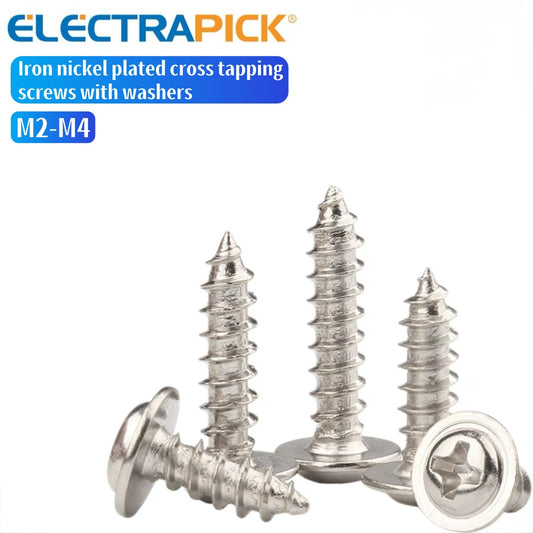 ELECTRAPICK Iron nickel plated cross tapping screws with washers M2-M4